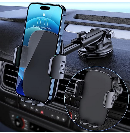 A phone in a car mount that's attached to the dashboard by a big suction cup, plus an inset picture of the same mount with an attachment designed for the air vent 