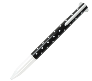 A black pen with polka dots and a white clip 