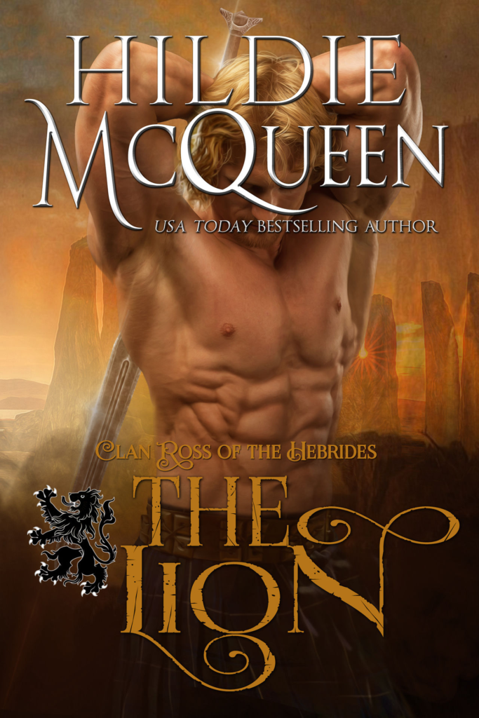 The Lion by Hildie McQueen. A shirtless, flexing man holding a sword behind his back, but his arms are above is head so there's a likelihood that he's going to slice his back open.