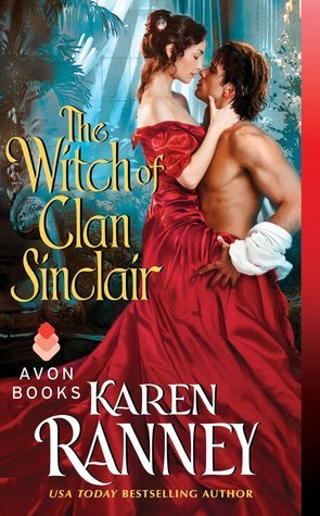 The Witch of Clan Sinclair by Karen Ranney - Ewa da Cruz is straddling a White male model with shaggy hair. she's wearing a red off the shoulder dress that flows over both of them and they appear to be in some kind of grotto 