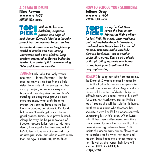 Two reviews side by side one for A Dream of Desire by Nina Rowan which reads With its Dickensian backdrop, suspense, passion and edge-of- seat danger, Rowan’s latest is a thought- provoking romance that forces readers to see the darkness under the glittering world of wealth and title. Strong characters and a taut plotline keep readers engrossed as Rowan builds the tension to a perfect pitch before leading Talia and James to the HEA. Then a review for How to School your Scoundrel by Juliana Gray: It may be that Gray saved the best in her Princess in Hiding trilogy for last. With its smart, unconventional plot and well-developed characters, combined with Gray’s knack for sexual tension, suspense and a carefully detailed backdrop, this is another captivating novel. There’s also plenty of Gray’s biting repartée and humor as you hold your breath until the deep-sigh ending.