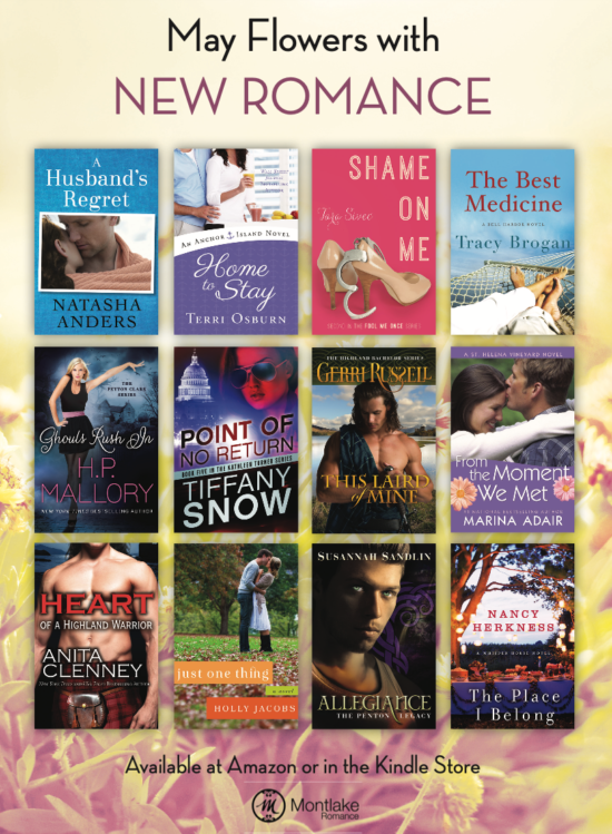 12 titles from Montlake romance with A Husband's Regret by Natasha Anders (stock image ohoto dropped on a blue background) The Best Medicine by Tracy Brogan - FEET. White people's feet in a hammock, and Just one Thing by HOlly Jacobs, again, stock photo with some words on it, and Nancy Herkness The Place I belong, which is a violet and orange lit photo of a very opulent outdoor buffet table. 