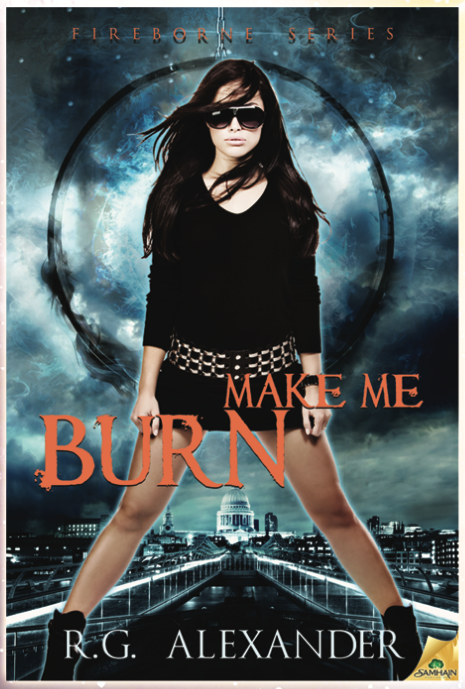 Make me Burn by RG ALexander, featuring a woman in a black skirt nd the urban fantasy belt, with whind swept hair and sunglasses, standing legs apart with the capital rotunda pointed right up her cooch