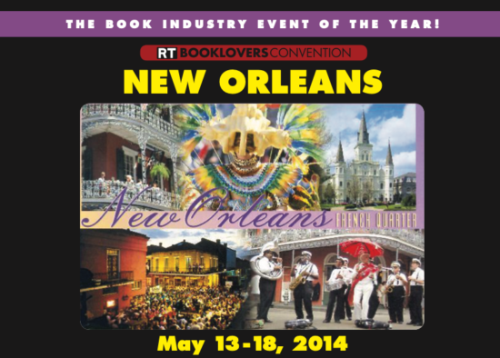 RT BookLovers Con New Orleans May 13-18, 2014 there's a picture of balconies in the French Quarter, crowds and mardigras floats, and a jazz band 