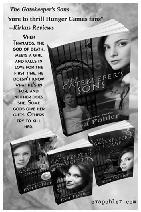An ad for The Gatekeeper's sons by eva pohler, with four books featuring white women looking at the reader against gate stock photos, the text reads When thanatos the god of death meets a girl and falls in love for the first time he doesn't know what he's infor and neither does she. They're all floating, and all the books are slightly out of focus, too. 
