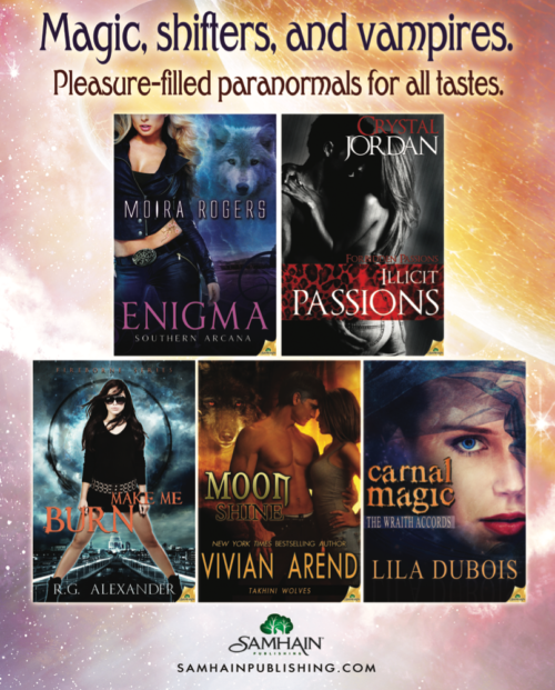 Magic shiters and vampires pleasure filled paranormals for all tastes featuring enigma by moira rogers which has a woman in very very low rise jeans and a jacket standing on front of a wolf Illici Passions by Crystal Jordan which has a topless woman being groped by a guy Make me Burn which is a woman standing with her legs wide apart and the capitol building is pointed straight up her cooch moonshine by vivian arend which has tank tops and toplessness to signla hot sex and shifters and carnal magic by lila dubois, a clsoe up of a white woman with bright blue eyes and very red lips