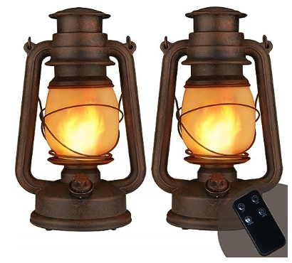 Two iron-looking plastic lanterns with LED lights that can look like a lamp or like flickering flames 