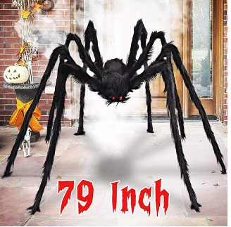 A black furry spider with very very long legs in front of a brick house and wooden door with the words 79 INCH written in red. THis spider is big and has the most absurd legs. I love it.