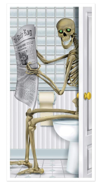 A plastic door banner that has a skeleton sitting on the toilet reading newspaper The Daily Rag, looking at the viewer like you've interrupted reading time