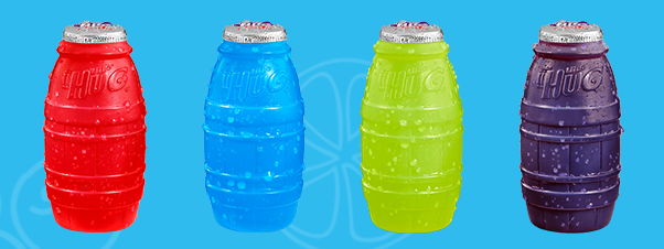 Little Hug drinks in plastic barrel-shaped containers. There's a red, blue, green, and purple one, lined up against a blue background