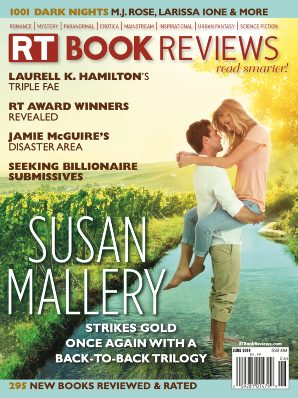 RT Book Reviews June 2014 cover features some cover art for a Susan Mallery book with the headline Susan Mallery Strikes Gold Once Again with a back to back trilogy. The image is a White man holding a woman up. She has her legs around his waist and literally nothing about the image makes sense bc its like she was sitting on something and whatever it was has been erased. The other names are Laurell K Hamilton, the RT Aard Winners, an author we refuse to talk about, and a headline SEEKING BILLIONAIRE SUBMISSIVES