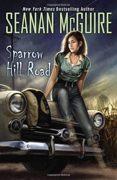 Sparrow Hill Road - an illustration of a young girl with brown hair wearing a 50s diner blouse and jeans but her legs are fading into transparency as she's leaning aginst the hood of a 50s car