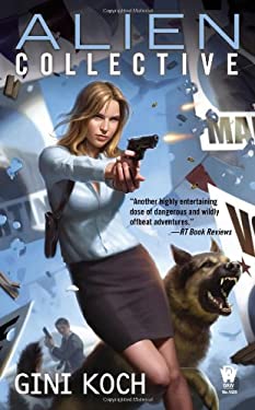 Alien Collective cover a woman in a pencil skirt nd blouse shooting a gun with a german shepherd dog behind her with his mouth open like he's yodeling