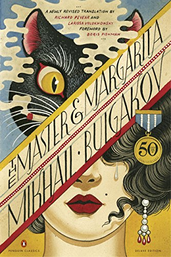 The Master and the Margarita by Mikhail Bulgakov. An illustrated cover that is bisected diagonally by the title. In the top left is half of a face of a black cat who is smoking a cigarette. The bottom right section is a woman with black hair and red lips. Her eyes are hidden, but a tear rolls down her cheek.