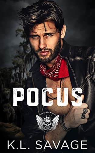 Pocus by K.L. Savage. A man with no shirt, wearing a leather jacket, and a red bandana around his neck. He is smoldering, but his name appears to be Pocus.