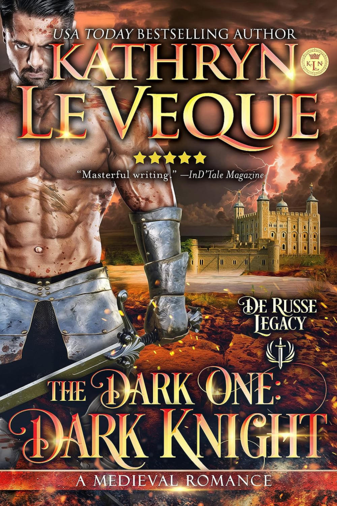 The Dark One Dark Knight by Kathryn LeVeque. This is a very orange cover. The ground is either a cracked red clay or a lot of fallen autumn leaves. A crack of orange lightning strikes above a brown castle. A shirtless man stands in the foreground. He is holding a sword and has metal armor just on his hand and around his waist. 