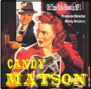 CANDY MATSON square icon featuring a retro-style illustration of a red headed woman with 40s hair and a man in a fedora coming in behind her startling her. she looks very annoyed 
