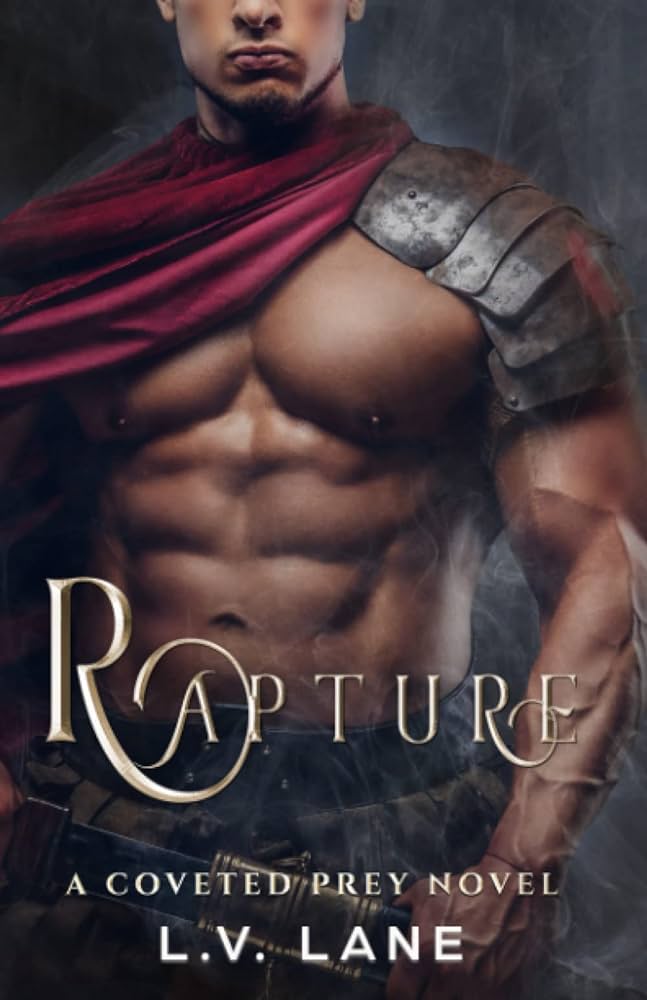 Rapture by L.V. Lane. A faceless, shirtless man with some silver armor just on one shoulder and a red cape wrapped around his neck, being blown over his other shoulder.