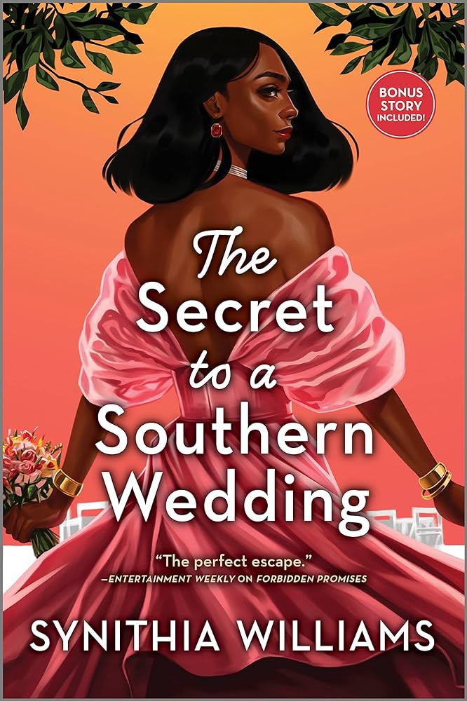 The Secret to a Southern Wedding by Synithia Williams. A Black woman with dark brown skin in a peachy pink off the shoulder dress. She's standing in front of a long banquet table and holding a bouquet of flowers. Her hair is in a loose bob and she has on a pearl choker and ruby drop earrings.