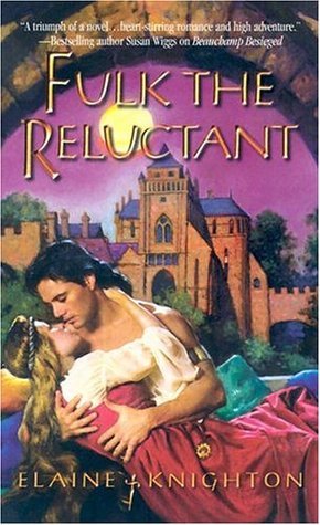 FULK THE RELUCTANT by Elaine Knighton has an image of a very mullety shirtless man that might be John DeSalvo embracing a blonde woman in medieval garb against a castle backdrop with a purple sky he does not look reluctant.