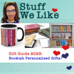 Gift Guide 2023 - Bookish personalized gifts including a personalized bookshelf mug, a miniature bookshelf with miniature books, and a custom ereader case that looks like a hardcover book