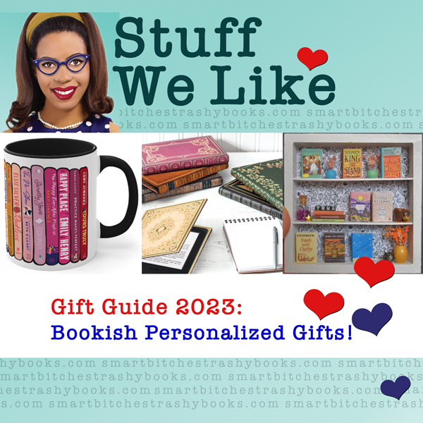 Gift Guide 2023 - Bookish personalized gifts including a personalized bookshelf mug, a miniature bookshelf with miniature books, and a custom ereader case that looks like a hardcover book