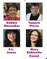 A quad of pictures of Debbie Macomber, Tamora Pierce, EL James and Mary Robinette Kowal. WHAT a blunt rotation that would be