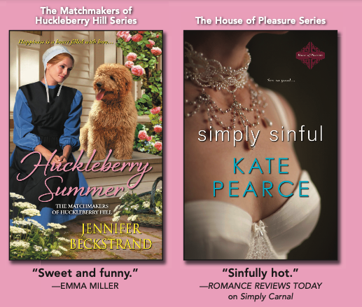 Two covers in the Kensington Romance ad: on the left is Hucklberry Summer by Jennifer Beckstrand, featuring an Amish woman in a deep blue dress and black apron with a white cap, seated on a front step with a golden-doodle looking dog. And right next to it is Simply sinful by Kate Pearce which features a very well lit close up of a pair of boobies in a white satin demi bra