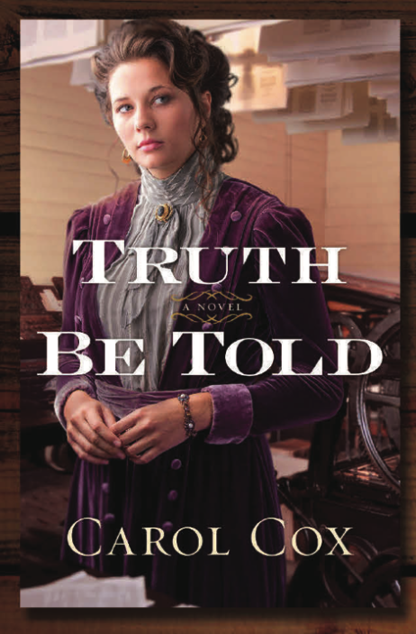 Truth be Told by Carol Cox features a woman with curly brown hair in a deep purple velvet jacket and skirt with a gorgeous grey pleated blouse with a high neck and an attached scarf pinned with a gold and purple brooch.