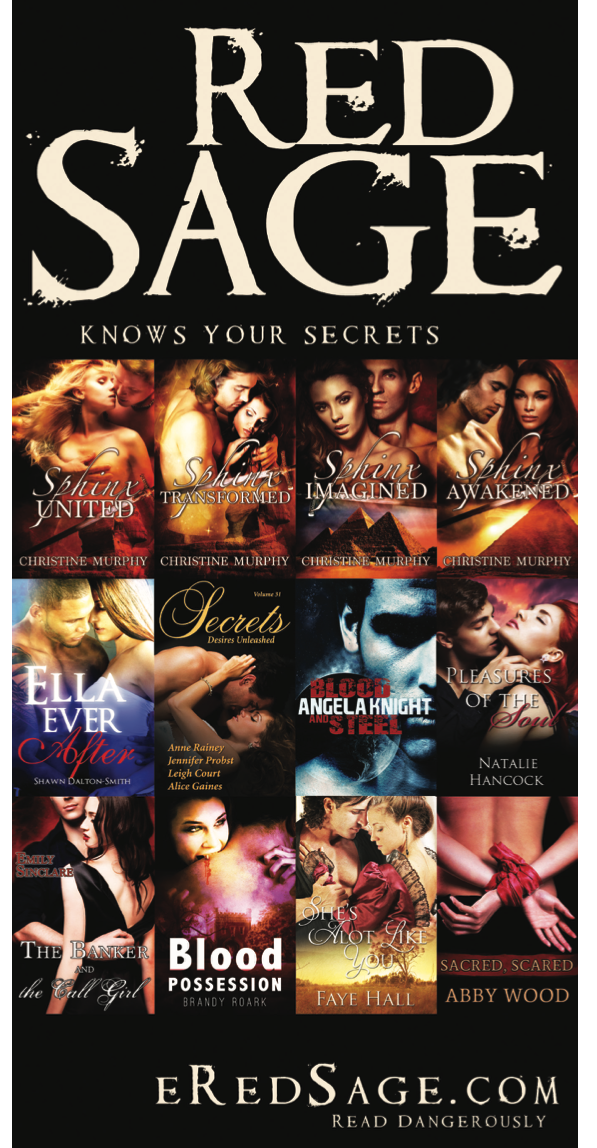 A collection of 12 red sage books, many of which feature similar cover models, incluidng one guy cupping a breast in the top left and the nipple has been edited out no question