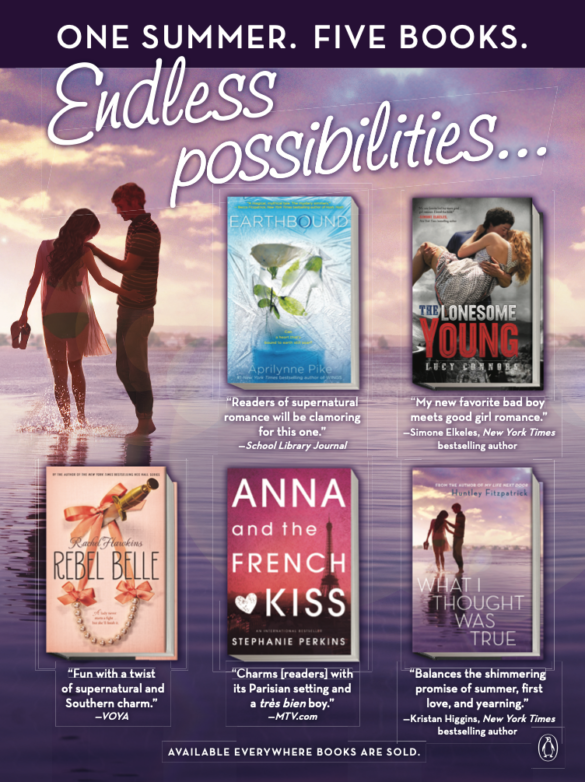 ONE SUMEMR FIVE BOOKS ENDLES POSSIBILITIES with a picture of a couple at the water's edge on the beach. the books all have weird white squares around them like there's a formatting or adboe error? The five books are EARTHBOUND by Aprilynne Pike, The Lonesome Young by Lucy Connors, Rebel Belle by Rachel Hawkins, Anna and the French Kiss by Stephanie Perkins, and What I Thought was True by Huntley Fitzpatrick