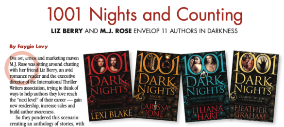 A screen shot of the feature article 1001 Nights and Counting Liz Berry and MJ Rose envelop 11 authors in darkness