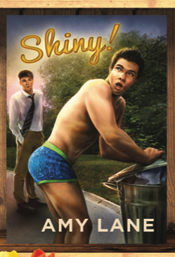 A book cover for SHINY! by Amy Lane which features a white dude in bright blue briefs looking shocked with his mouth open while a white man in a tie and white shirt looks on from behind him