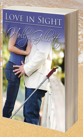 the cover for Lovei n SIght by Holly Gillett I think I can't TELL because the FONT for the NAME is LOOPY and it makes the name unreadable with all the double letters! plus the cover image is a woman in a hank top with her hands resting on a dude's chest who is wearing a white jacket, and there's a white cane used by visually impaired people leaning against the railing behind him. and it's called LOVE IN SIGHT.