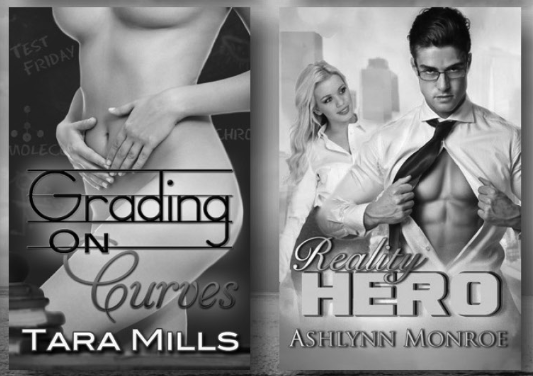 A close up of two covers from the Beachwalk Press aada that is all black and white, but Grading on a Curve features an elementary printing font, set up against a fully naked lady behind it - and the font size is what makes the cover stand out. Then there's an ad with a guy ripping his shirt open and the title is Reality Hero. No idea what that means.
