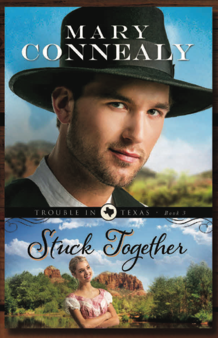 Mary Conneally's book Stuck Together which has a giant picture of a guy in a pilgrim hat against the sky and below him a tiny woman looking up wearing what looks like a coral prom dress