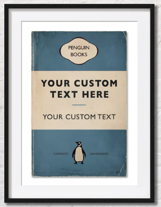 A blue Penguin classics cover with weathering and creasing in deep blue with YOUR CUSTOM TEXT HERE in bold as the title, and YOUR CUSTOM TEXT as the author name. 