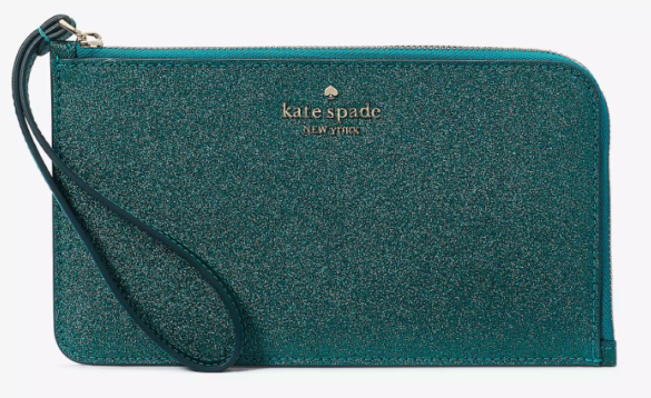 A green glitter wristlet in a deep forest green with a loop handle and kate spade new york in gold