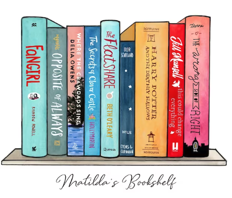 A sample illustration of Matilda's bookshelf, which has 9 books including Fangirl, Where the Crawdads Sing, The Flatshare, and HP 7