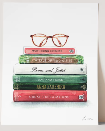 A watercolor style image of a stack of books in green and pink with a pair of tortoiseshell glasses on top the titles are Wuthering Heights, A Tale of Two Cities, Romeo and Juliet, War and Peace, and Great Expectations