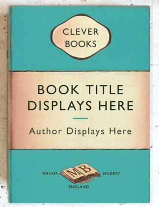 A blue mockup Penguin Classics kindle cover with "clever books" in a circle t the top and BOOK TITLE DISPLAYS HERE in a white banner in the middle with AUTHOR DISPLAYS HERE below it. 