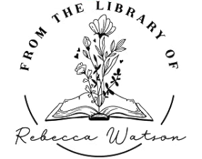 A black circle of text that reads from the library of Rebecca Watson with the name in a script font. There's a line drawing of an open book with flowers growing out of it in the middle 