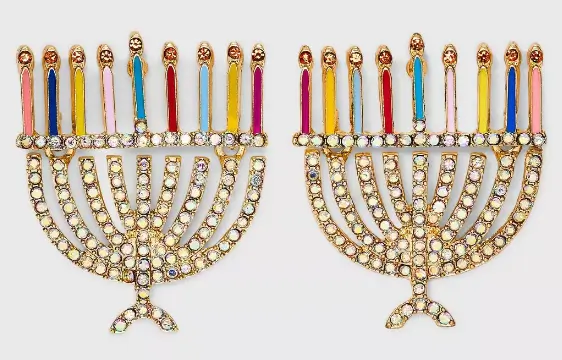 Sparkly menorah earrings with multicolored candles on a very sparkly menorah