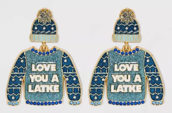 dangle earrings that have a stud at the top that is a blue pompom hat and swinging below is a big blue sweater with striped sleeves and faux stones at the collar and hem and in the middle it says LOVE YOU A LATKE