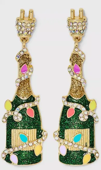 Sparkly dangle earrings in the shape of a glittery champagne bottle wrapped in pastel lights and a diamond garland the bottles dangle from earrings that look like corks I think
