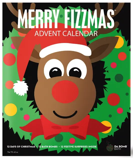 A bath bomb advent calendar with a big reindeer in a wreath printed on the front below the words Merry Fizzmas Advent Calendar 