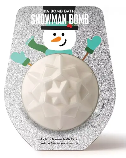 A snowman bath bomb with a snowflake imprinted on the bath bomb, and its wrapped in a package that makes it look like the bomb is the belly of the printed snowman 
