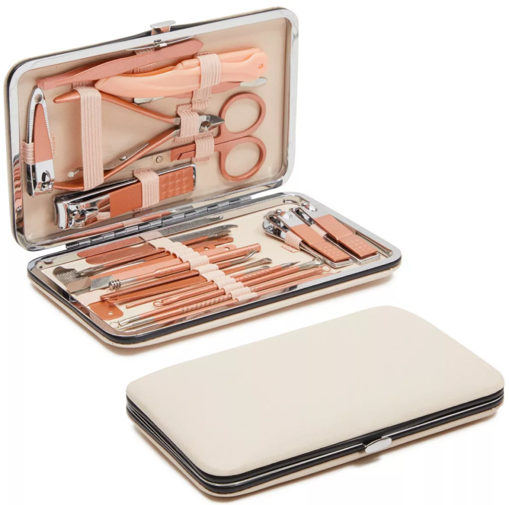 A pale white case with an array of peach colored manicure and pedicure tools