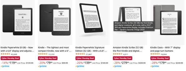 A row of Kindles on Sale for $80-$280 including the Scribe, the Oasis, the Paperwhite, and the Kindle basic