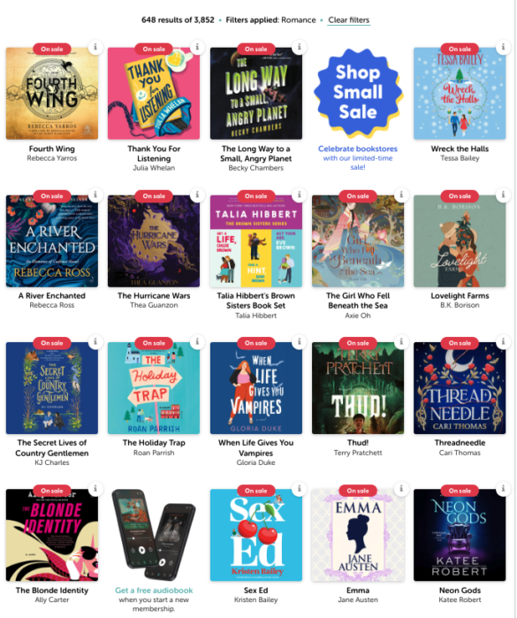 Screenshot of Libro.fm romance audiobook sales page including books like Fourth Wing Thank you for Listening and Threadneedle 